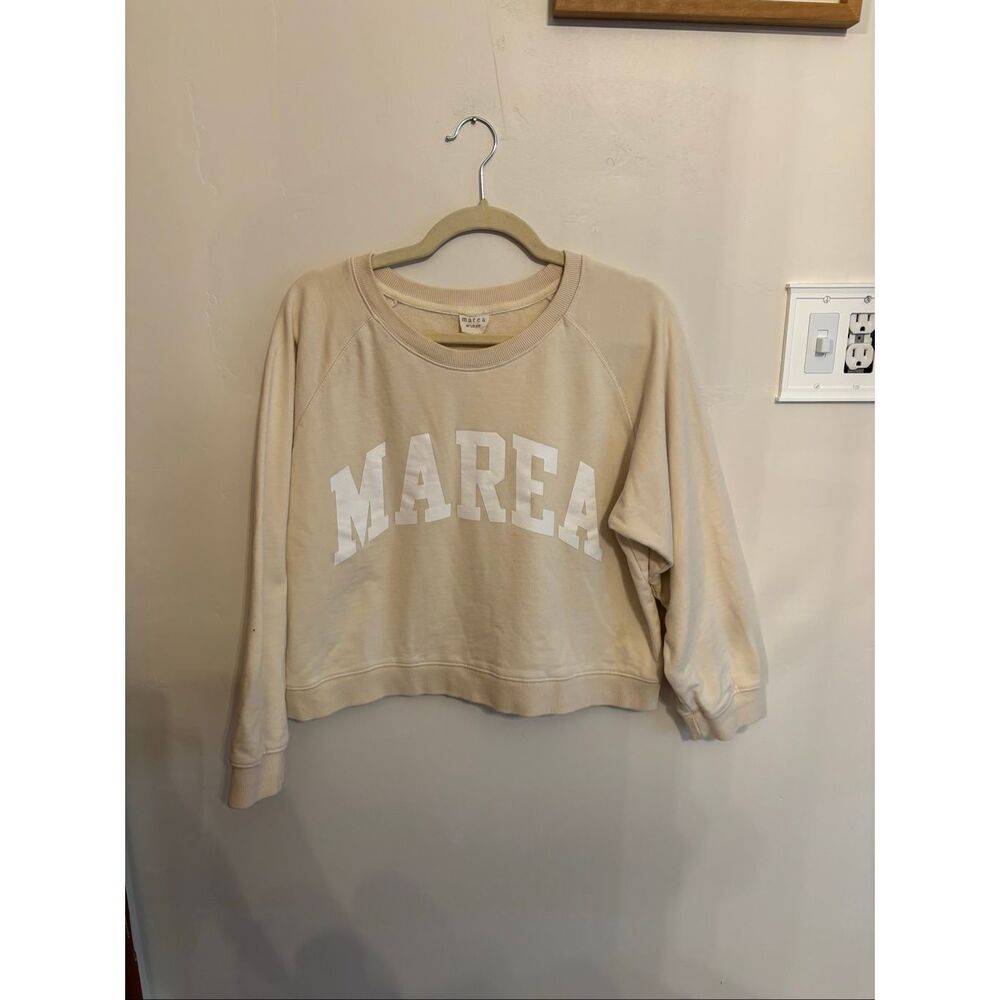 Marea by Liz Joy Graphic Pullover Sweatshirt Cream Small Scoop Neck Long Sleeve